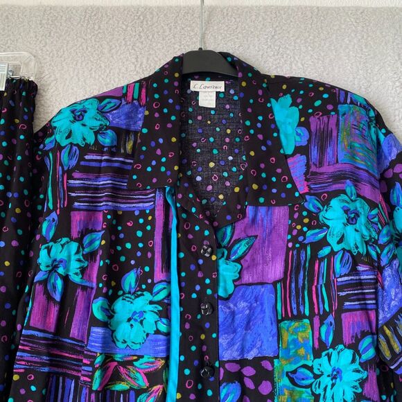VTG 90s L.Lawrence 100% Rayon 2 Piece Set Suit Wide Leg Pants Blouse 2X Multi - Picture 2 of 12